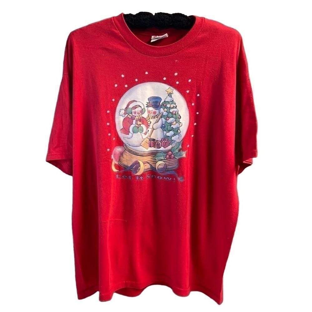 Hanes Ladies TShirt Holiday SnowGlobe with Mr and Mrs Snowman , Red, Size XL